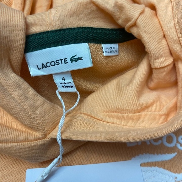 Lacoste Boys 4A 4YR Light Orange Hooded Sweatshirt NWT - Picture 4 of 5